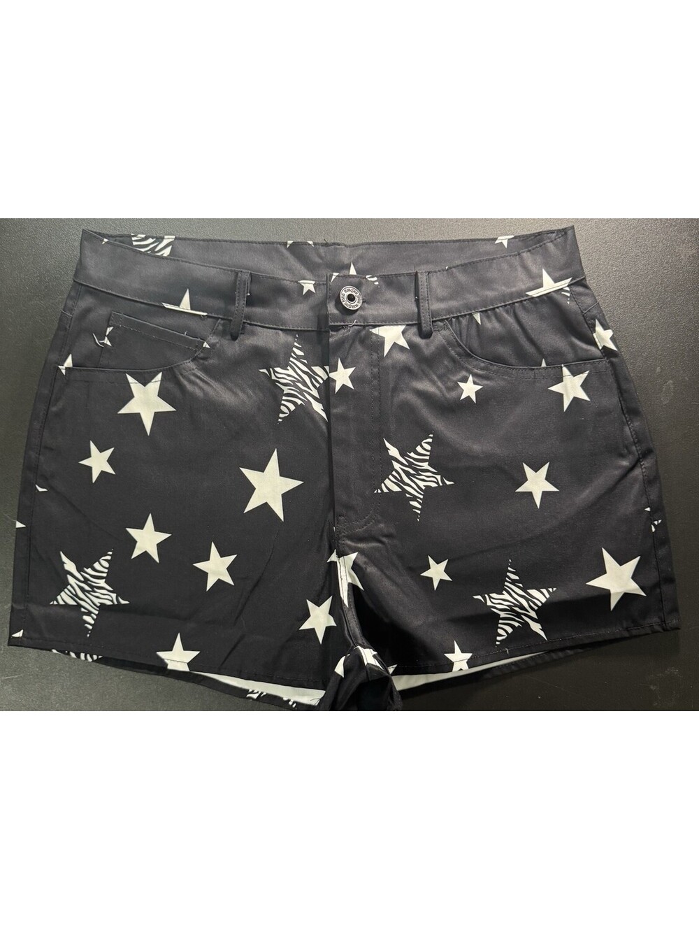 Umgee USA Womens Chino Shorts M Black White Zebra Star Print NWT